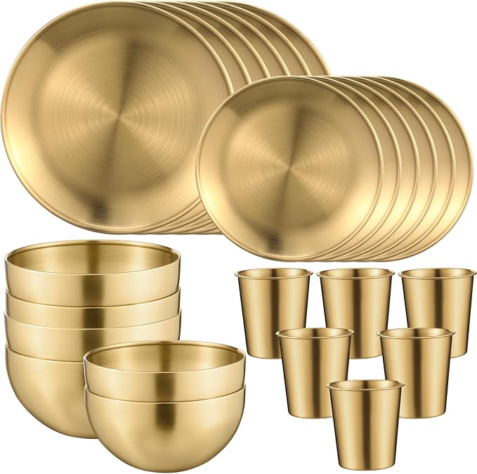 Jinei 24 Pcs 304 Stainless Steel Dinner Set Include 7 Inch 10 Inch Stainless Steel Plates, Bowls and Cups, Reusable Metal Utensils Dinnerware for Home Outdoor Picnic Kitchen (Gold)