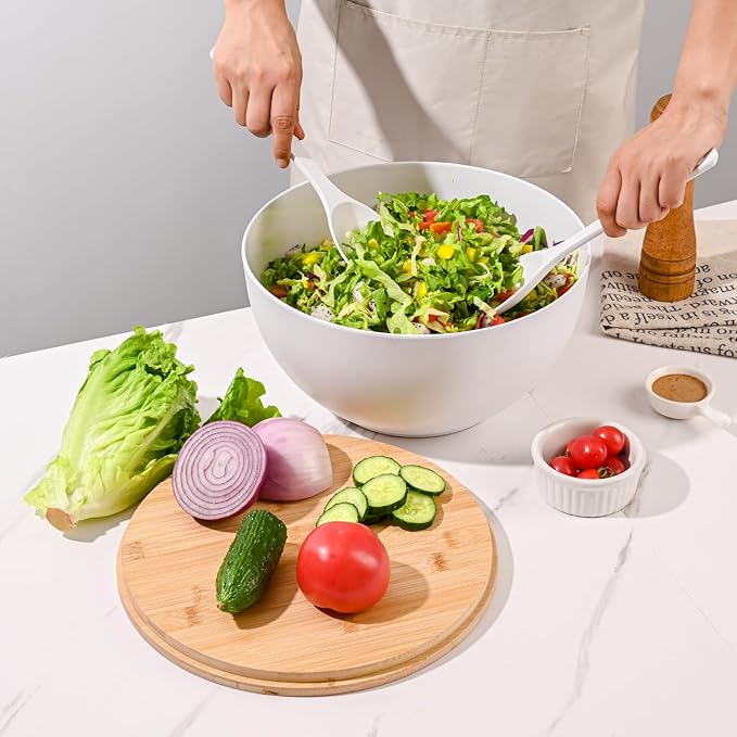 LOVYANXUE Salad Bowl with Lid, 12" Extra Large Bamboo Fiber Salad Bowl with Servers Set for Kitchen, Nature Bamboo Mixing and Serving Bowl with Lid, Spoon and Fork for Fruits,Salads and Vegetables