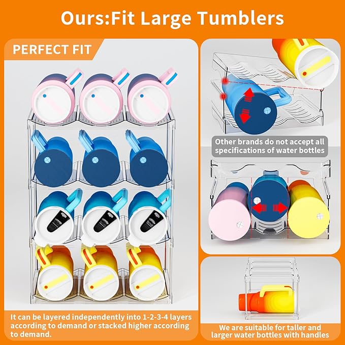 Stackable Water Bottle Organizer for Cabinet,4 Tier Water Bottle Holder for Stanley Yeti 40 oz Bottle Shelf,Clear Tumbler Storage Organizer,Wine Rack,Cup Organizer for Kitchen Cabinets Counter Pantry