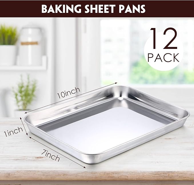 Zopeal 12 Pcs Metal Serving Trays for Food,Baking Sheet Pan Stainless Steel Small Nonstick Cookie Sheet Set Quarter Baking Pan,Toaster Oven and Dishwasher Safe(10 x 8 x 1 Inch)
