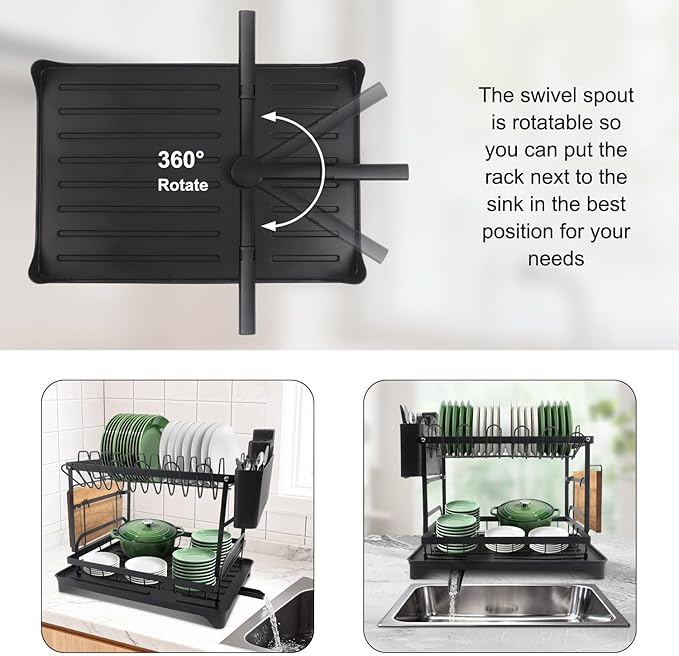 2 Tier Dish Drying Rack Large Extendable Dish Racks for Kitchen Counter or Over Sink Dishrack with Drainboard 2-in-1 Anti-Rust Dish Drainer with Utensil Holder(Black)