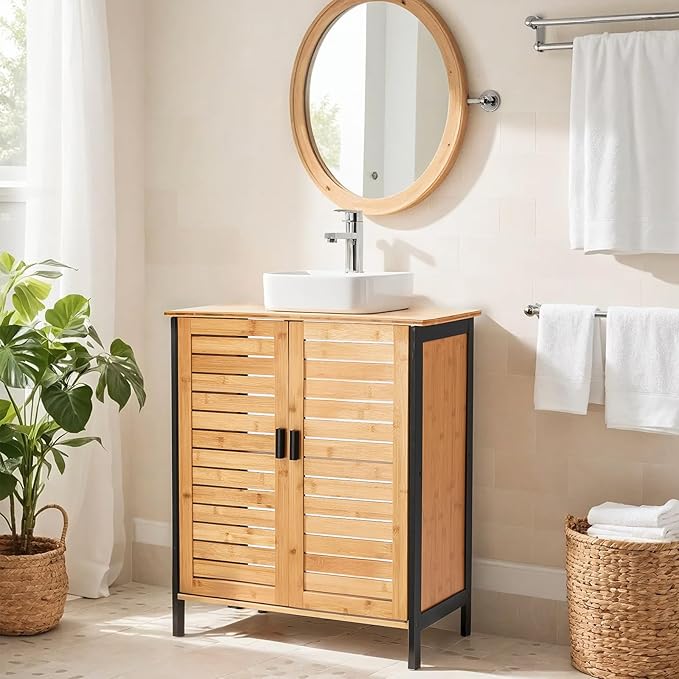 24" Bamboo Pedestal Under Sink Storage Vanity Cabinet, Solid Waterproof Sliding Door Bathroom Organizer with Adjustable Shelf, Modern Bathroom Furniture(Top Cutout, Not for Floor Drain)