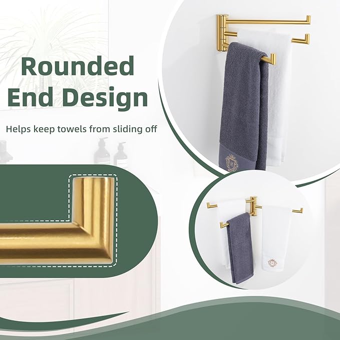Aomasi Brushed Gold Swivel Towel Rack, 304 Stainless Steel 3-Arm Rotating Bathroom Towel Bar, Rustproof Space-Saving Holder for Kitchen, RV, Laundry Room