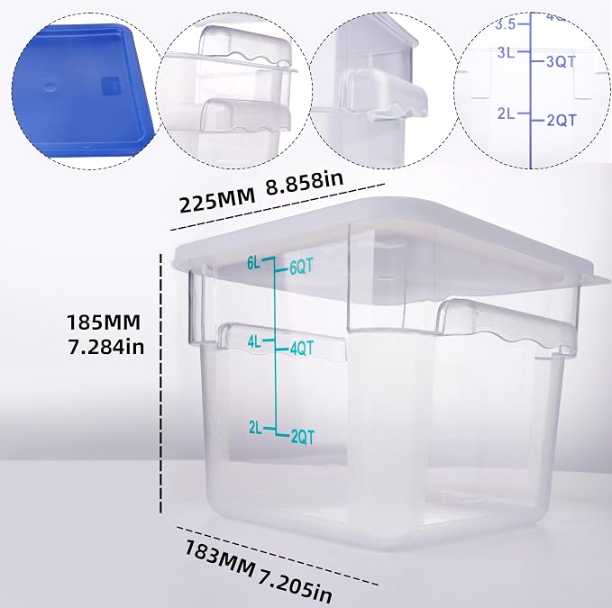 2 Pack Square Food Storage Container With Lid, 2-6 Quart Commercial Storage Box With Scale & Handle, Cake Making, Dough Marinating Meat, Kitchen Supplies (6 Quart)