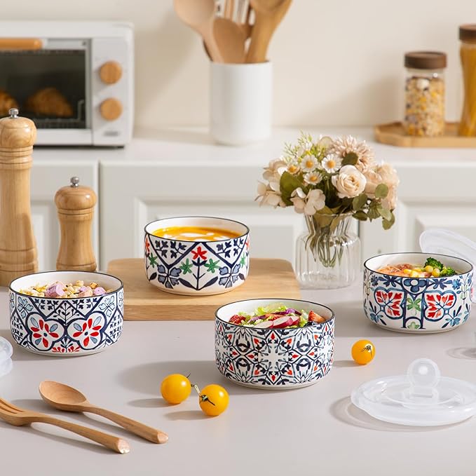 Ceramic Bowls Set with Lids: Set of 4 Microwave Safe Bowls for Soup Meal Prep Cereal Salad Fruit - Food Storage Containers with Lids for Work Lunch Pinic Camping - Pattern A2