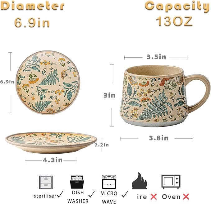 Ceramic Coffee Latte Mug and Saucer Set Cute Cup with Saucer for Women Ideal for Green Tea or Coffee Hand Painted Floral Design Pottery Set（Summer’s Whisper）