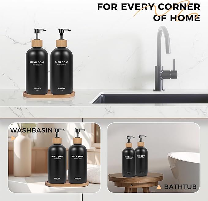 Dish and Hand Soap Dispenser Set with Tray, 16OZ Refillable Glass Bottles and Wood Pump, Double Bottle Countertop Organizer for Kitchen and Bathroom (Black)