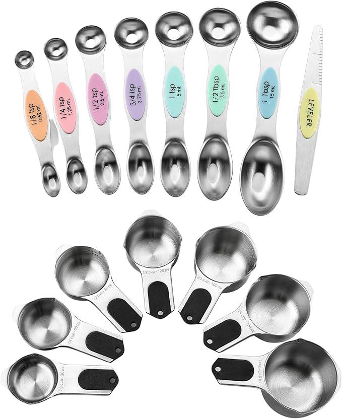Spring Chef Dual Sided Magnetic Measuring Spoons Set, Pastel, Set of 8 & Stainless Steel Magnetic Measuring Cups, Set of 7, Black - 2 Product Bundle