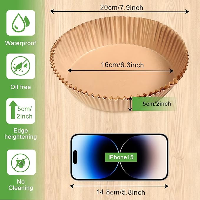 200pcs Air Fryer Disposable Paper Liner, Non-Stick Disposable Air Fryer Parchment Paper Liners, Baking Paper for Air Fryer Oil-Proof, Water-Proof, Food Grade Parchment（6.3" in Bottom, 8" on top）