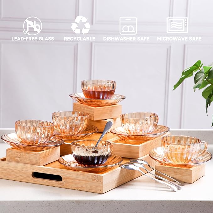 Glass Tea Cups and Saucers Set of 6, Glass Coffee Mugs with Stainless Steel Spoon, Dishwasher & Microwave Safe Teacups for Espresso Cappuccino Latte Tea Juice, 6OZ/180ML, Amber