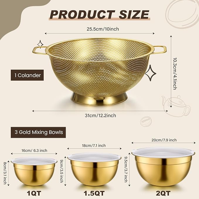 Baderke 7 Pcs Gold Kitchen Accessories Includes Stainless Steel Colander with Handles, 3 Gold Mixing Bowls with Airtight Lids and 3 Fine Mesh Strainer (Colander: 4 Qt, Mixing Bowls: 1/1.5/2 Qt)