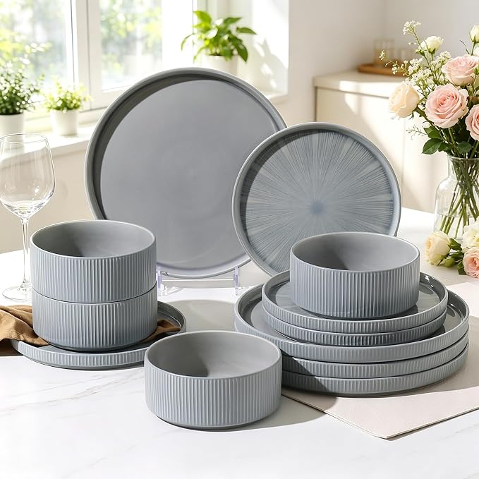 Dinnerware Sets, Ceramic Plates and Bowls Set 12 Piece Dinnerware for 4 Chip Resistant Stoneware with Advanced Inkjet Printing Technology, Dishwasher and Microwave Safe-Smoky Blue