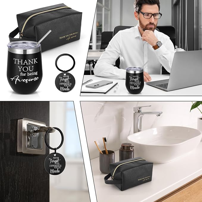 DERTE 4 sets Thank You Gift for Men Christmas Appreciation Gifts 12 oz Stainless Steel Tumbler with Toiletry Bag Inspirational Keychain for Male Teacher Employee Coworker Staff Fathers Day