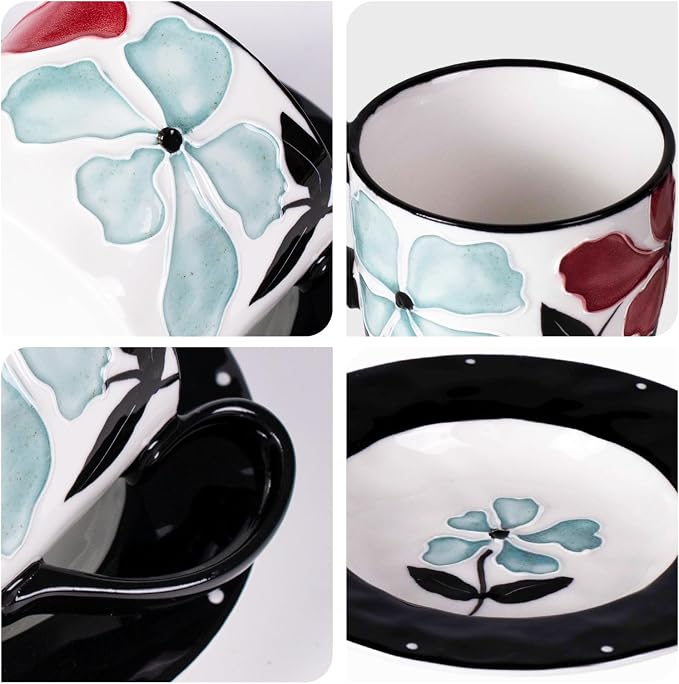 KAMMAK Tea Cups and Saucers Set of 2, Porcelain Coffee Cups, 8.5-Ounce Stackable Espresso Mugs, Ceramic Demitasse for Coffee, Latte, Americano, GX21