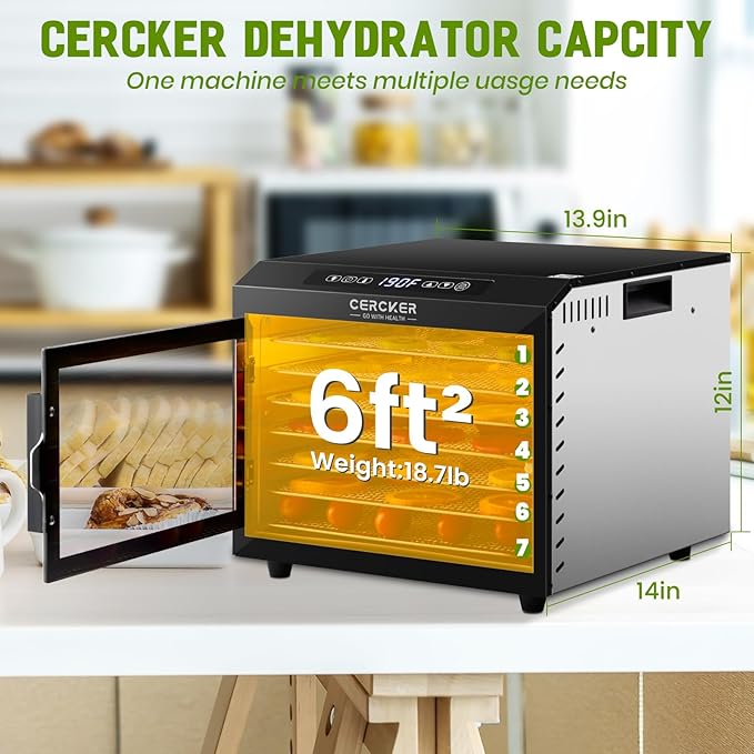 Food-Dehydrator Machine 7 Stainless Steel Trays, 6ft² Small Food Dryer, 190ºF,24H Fruits Dehydrator, 800W Meat Dryer for Jerky,Mushroom,Herbs,Veggies,Dog Treats