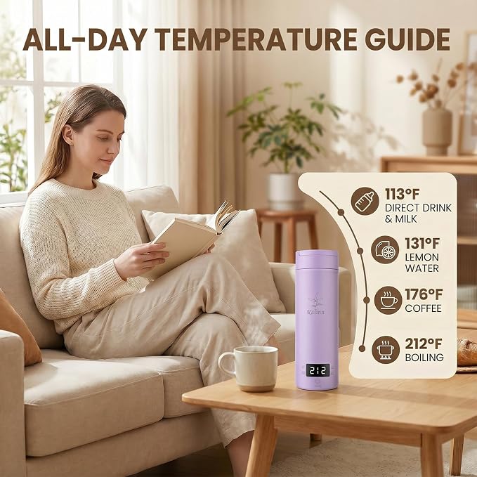 Portable Kettle (120V), Travel Kettle for Business Trips, 316-Grade Stainless Steel, 4 Temperature Settings, with Auto-Shutoff (Purple, 9.05 * 3.15)