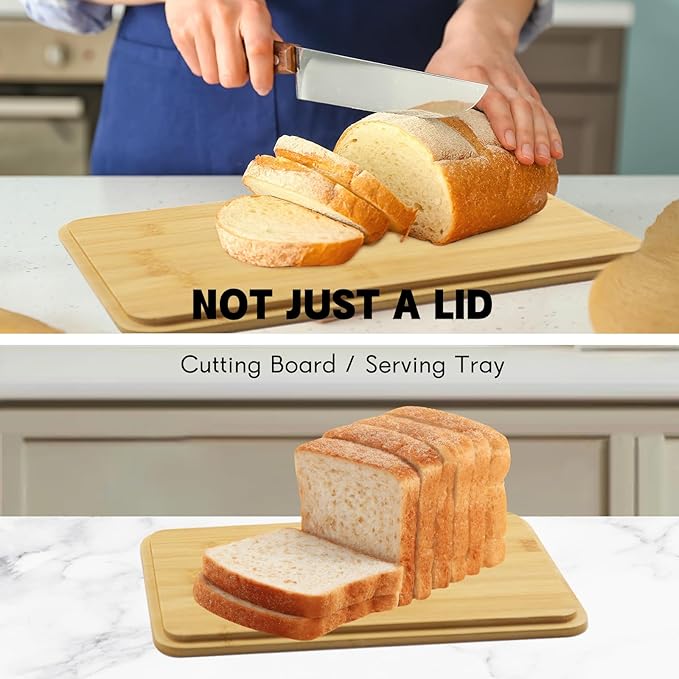 Bread Box with Bamboo Cutting Board Lid, Metal Bread Box for Kitchen Counter, Small Bread Storage Container, Cream Bread bin for Kitchen Countertop