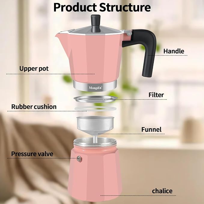 Mongdio Stovetop Espresso Maker Moka Pot, Stove Top Cuban Coffee Maker, Italian Greca Mocha Pot, 12 Espresso Cups, 20 oz - Pink