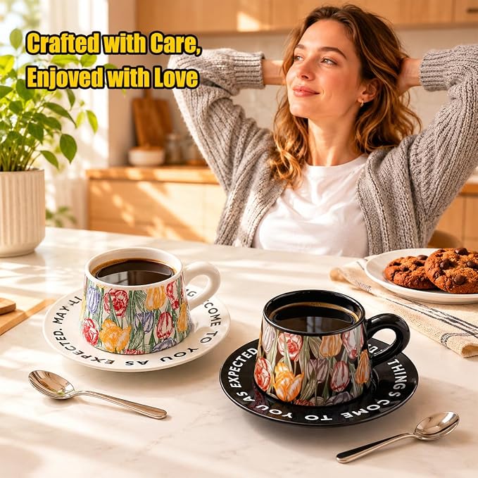 Tea Cup and Saucer Set Floral Design Porcelain Ceramic Coffee Cup Sets with Box Dishwasher Safe Set 9.8 oz Christmas Thanksgiving Gifts