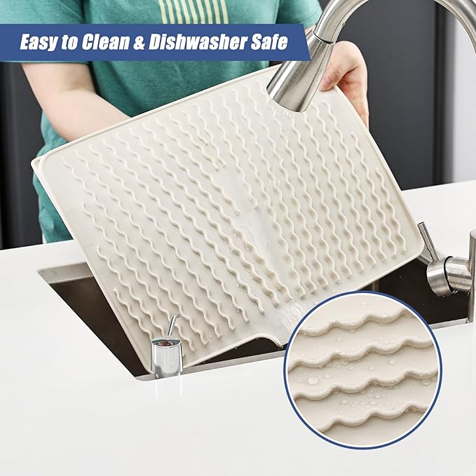 Silicone Dish Drying Mat for Kitchen Counter, Heat-resistant Dish Dryer Mat with Built-in Drain Lip ,Drain Pad Protects Surfaces Prevents Water Build UP (23.6" x 15.7", Ivory-1pcs)