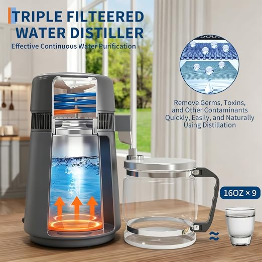 GarveeHome Water Distillers for Home Countertop, 1 gal/4 l Stainless Steel Distilled Water Machine with Glass Container, 750W Desktop Drinking Purifier Filter Distilling Kit, Gray