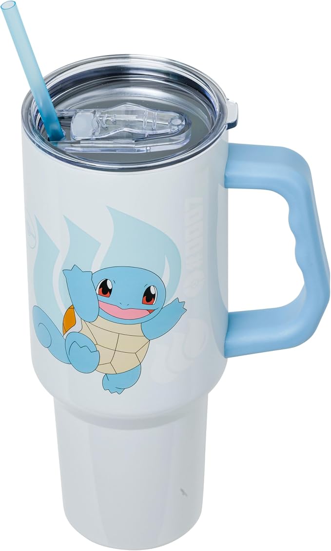 Silver Buffalo Pokémon Featuring Squirtle Double Walled Stainless Steel Tumbler with Handle and Straw, Fits in Standard Cup Holder, 40 Ounces
