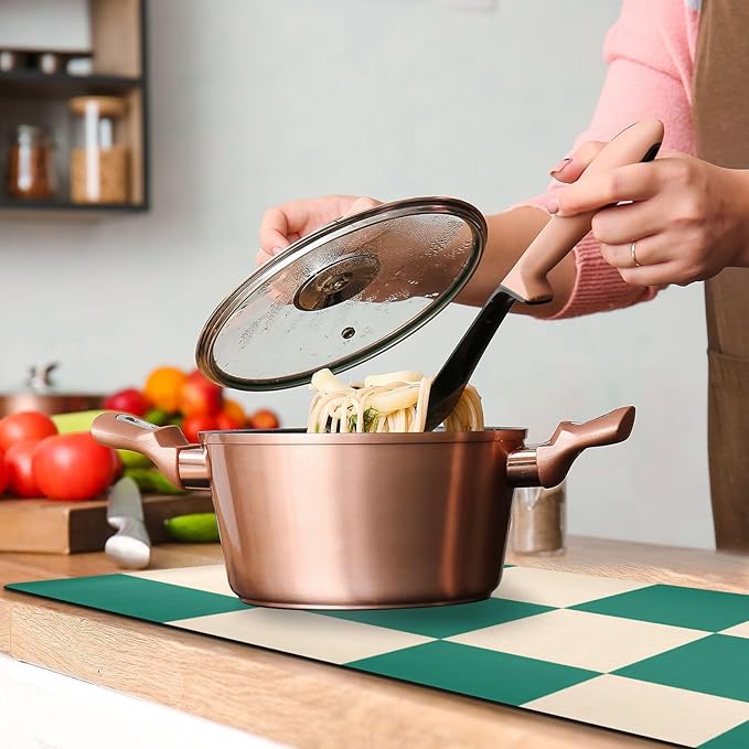 2 in 1 Table Runner Trivet for Hot Pots and Pans Heat Resistant Non Slip Waterproof 39 x 12 Inch Decorative Table Protector for Kitchen Countertop Checkered Emerald Green and Beige