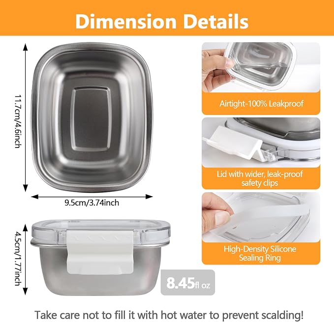 5 Pack Food-Grade 304 Stainless Steel Reusable Snack Containers with Lids - 8.45 oz Small Metal Meal Prep Boxes, Shatterproof Leakproof Freezer Safe for Portioning Snacks & Dips