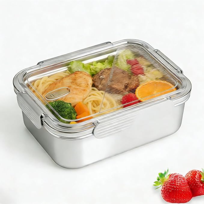 Stainless Steel Food Storage Containers with Leak-Proof Latching Lid, Reusable Bento Lunch Box for Snacks & Meal Prep, Oven/Dishwasher/Freezer Safe, Silver, 44oz