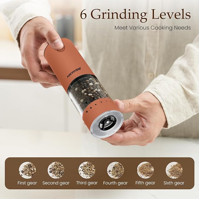 Newise Electric Salt and Pepper Grinder Set Rechargeable with LED Lights, Automatic Pepper & Salt Mill, Adjustable Coarseness, Large Capacity, Brown