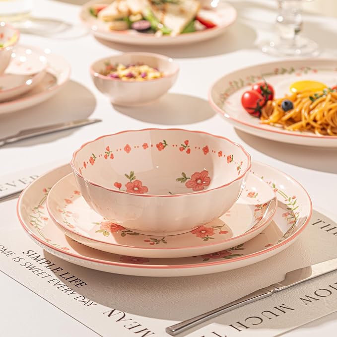 24-Piece Dinnerware Set for 6, Ceramic Plates and Bowls Sets, Microwave & Dishwasher Safe Dish Sets for Daily Use & Gifting, with Spring Peach Blossom Pattern