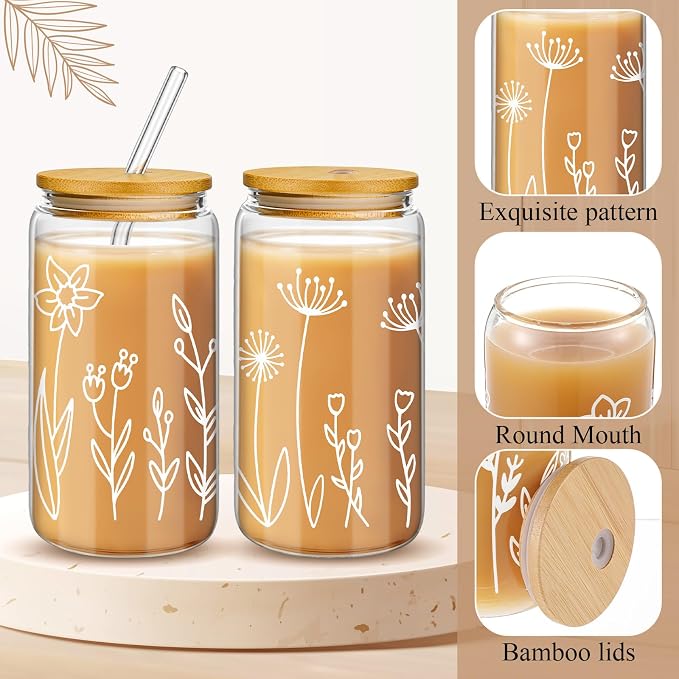 Mumufy 2 Pack Glass Cups Gift Aesthetic Cute Glass Cup Tumbler Flower Iced Coffee Mugs 16 oz with Bamboo Lid & Straw, for Wedding Birthday Bridesmaid Mom Baby Shower