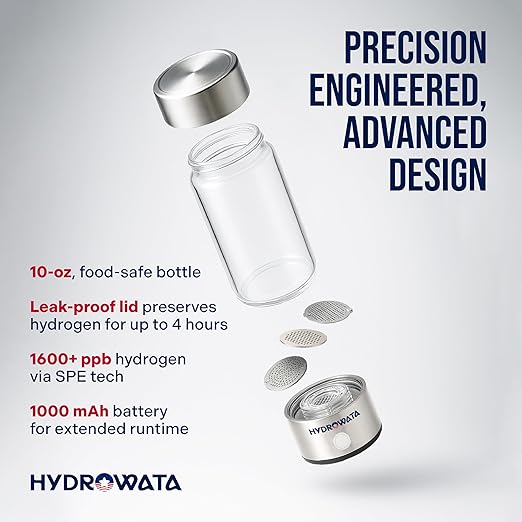 HydroWata Portable Hydrogen Water Bottle – 14oz (420ml) Hydrogen Water Generator with SPE PEM Technology, Rechargeable Water Ionizer for Daily Hydration, Travel, Office & Fitness