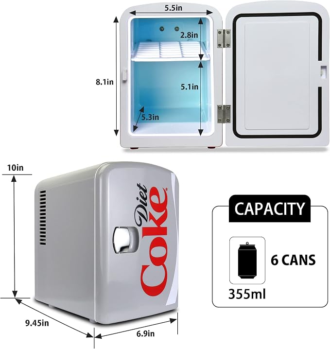 Coca-Cola Diet Coke DC04 4 Liter/4.2 Quarts 6 Can Portable Mini Cooler/Fridge, Beverages, Baby Food, Skincare and Medications-Use at Home, Office, Dorm, Car, RV or Boat-with AC & DC Plugs, Gray