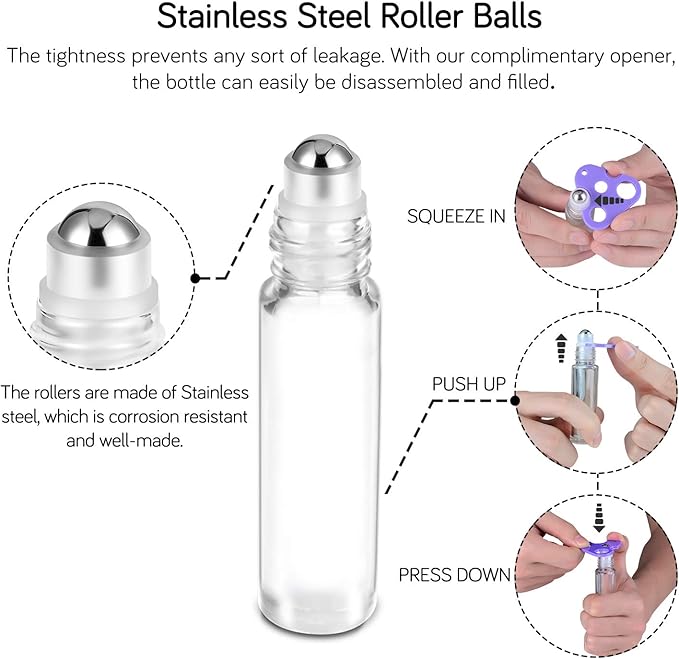 PrettyCare 24 Pack, 10 ml Essential Oil Roller Bottles with Stainless Steel Roller Ball - Refillable Leak-proof Empty Thick Clear Glass Roll on Bottles with Metal Caps for Travel, Perfume