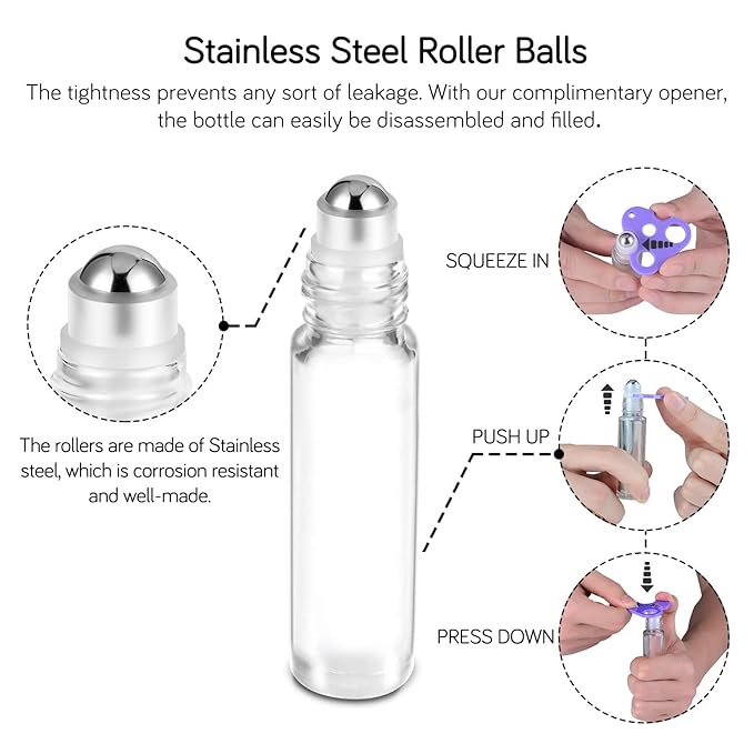 PrettyCare Essential Oil Roller Bottles 10ml (24 Pack Clear Glass Bottle with Bamboo Lid, 4 Extra Roller Balls，48 Labels, 2 Openers, 2 Funnels, 4 Droppers, Roller Balls For Essential Oils