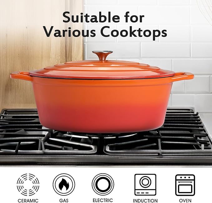 Enameled Oval Dutch Oven Pot with Lid, 8 QT Cast Iron Dutch Oven with Dual Handles for Cooking, Bread Baking, Frying, Non-stick Enamel Coated Oven (8 QT Orange)