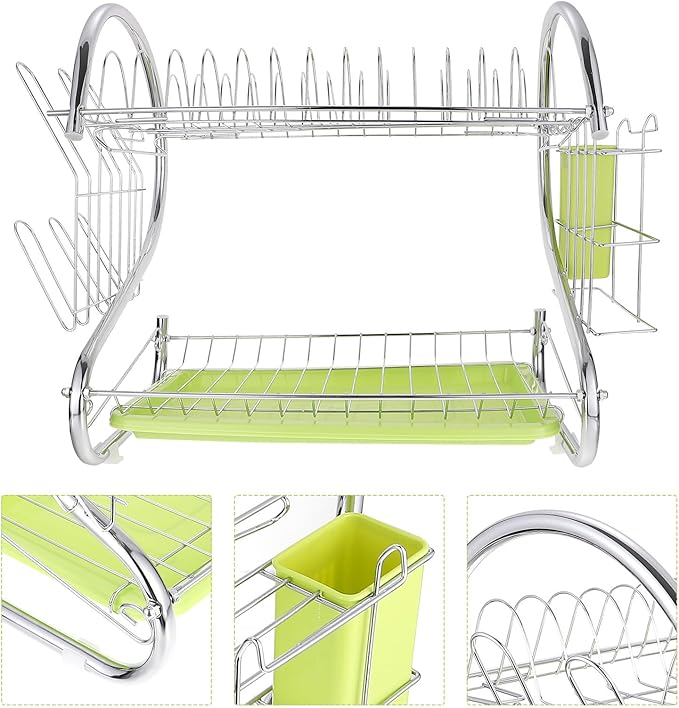 Double-Layer Dish Rack with Bowl Container, Iron Kitchen Utensils Holder, Multifunctional Draining Rack Over Sink Drying and Kitchen Storage, Green