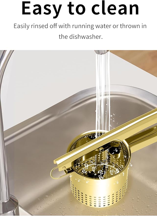 GloTika Large 15oz Potato Ricer Masher, Heavy Duty Stainless Steel Potato Masher with Ergonomic Handle, Masher and Ricer Kitchen Tool for Mashed Potatoes, Noodle Maker, Gold