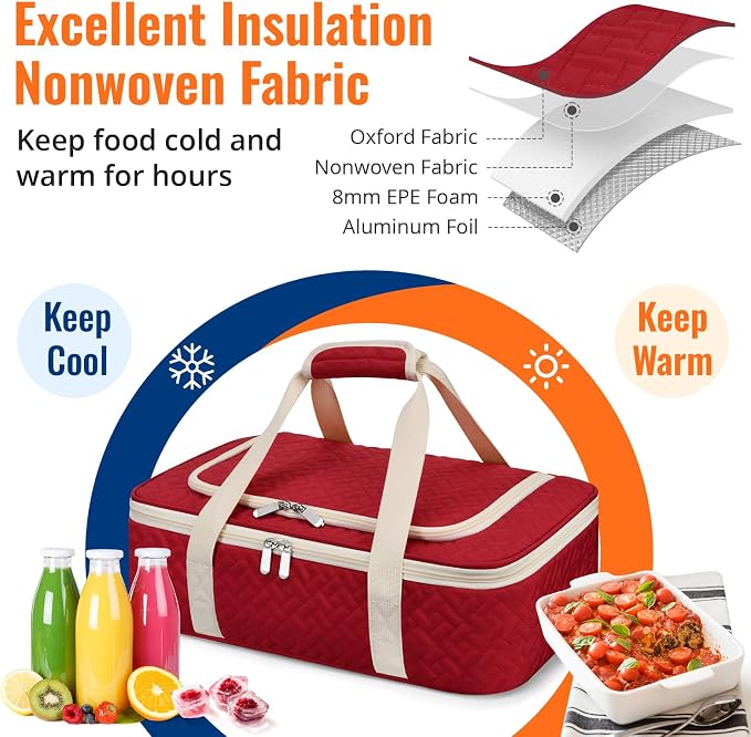 Insulated Casserole Carrier - Portable Casserole Carrier for Hot or Cold Food, Lasagna Holder for Parties,Picnic,Cookouts,Traveling - Fits 9" x 13" Baking Dish (Red)