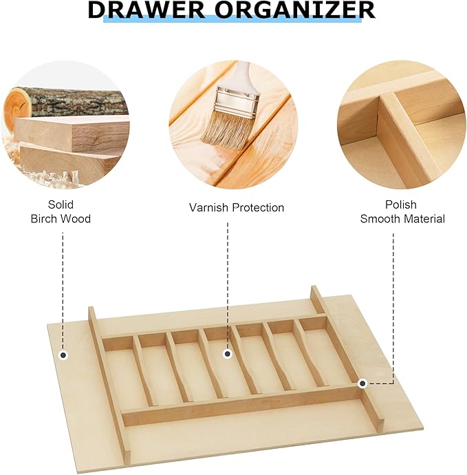 WelFurGeer Premium Wooden Silverware Organizer for Kitchen Drawers, Utensil Tray for Kitchen Drawer, Cutlery Drawer Organizer for Forks, Spoons, Knives - Sturdy Birchwood, Natural Finish