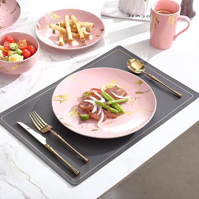 Pink Marble Dinnerware Set for 4, 16-Piece Porcelain Plates and Bowls Set with Gold Trim, Modern Ceramic Dish Set for Home Dining and Gifts