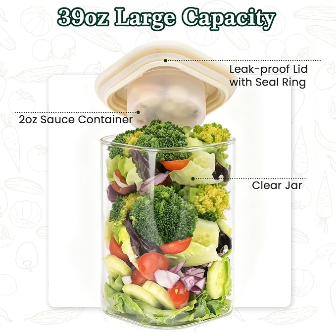 LIBWYS 39oz Large Glass Salad Jars with Lids Meal Prep, 2pack Square Glass Containers for Home Storage & Lunch, Built-In Leakproof Compartments, Wet/Dry Separation for Salad Dressing & Ingredients