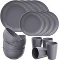 Quatish 16 Piece Plates and Bowls Sets for 4, Unbreakable Dinnerware Sets, Plastic Dish Set for Camping, Dishwasher Microwave Safe, Outdoor Kitchen and Apartment Dorm Dinning RV Essentials, Grey