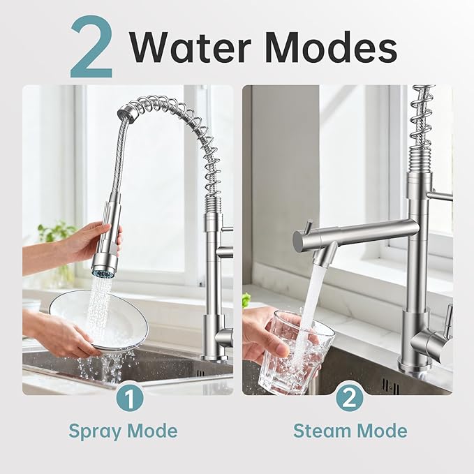 FEELSO Kitchen Faucet with Pull Down Sprayer, Single Handle Stainless Steel Pull Out Spring Kitchen Sink Faucets 1 Or 3 Hole Dual Function for Farmhouse Camper Laundry Utility Rv Wet Bar