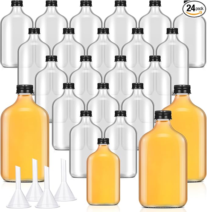 Gejoy 24 Pcs Mini Liquor Bottles Reusable Glass Flask Bottles with Black Caps Clear Empty Alcohol Shot Jars Small Champagne Jars with 4 Funnels for Wine Weddings Party Favors Christmas (8.5 oz)