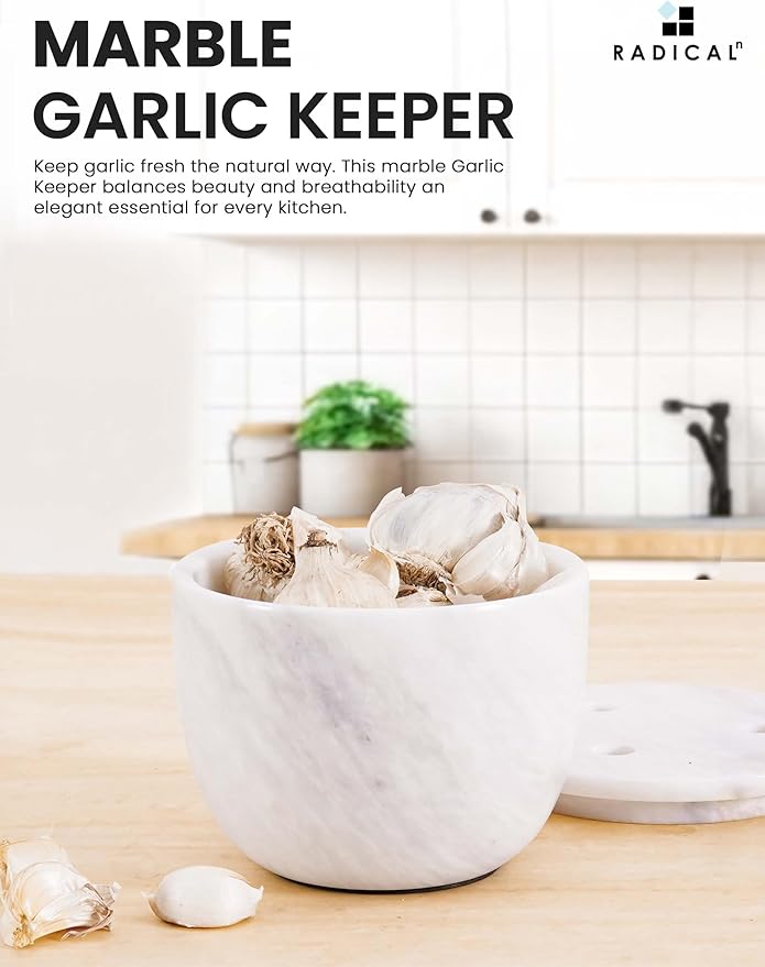 Radicaln Marble Garlic Keeper With Lid 4.5 Inch White Handmade Garlic Storage and Garlics Container For Kitchen, Keep Fresh Garlic Cloves, Ideal Garlic Keeper for Counter