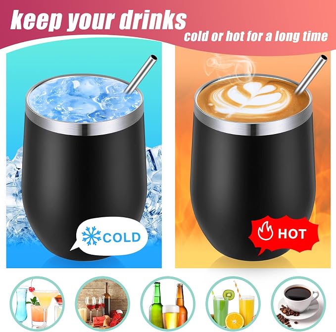 Remagr 6 Pack Stainless Steel Wine Tumblers 12 oz Insulated Vacuum Wine Cup Set Double Wall Stainless Steel Stemless Mug Glasses for Coffee Soda Whiskey Outdoor Travel (Black)
