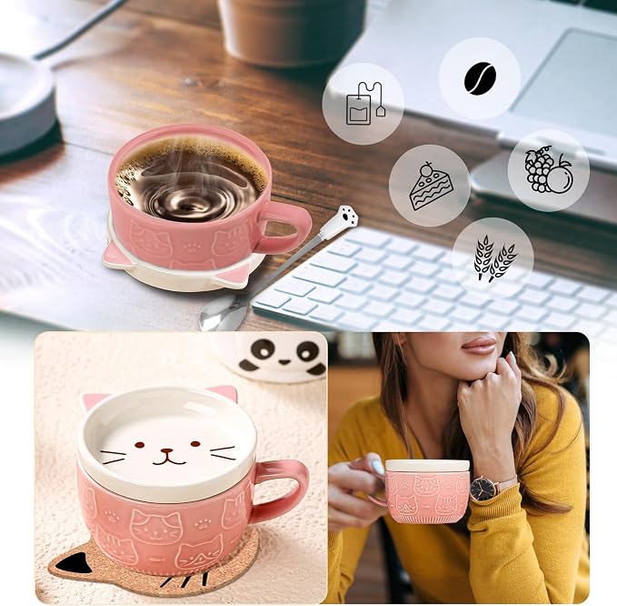 BigNoseDeer Cute Cat Mug Kawaii Tea Cup Pink Ceramic Coffee Mug with lid, Tea Cups and Saucers Preppy Stuff Cute Gifts for Women Cat Lovers Christmas Gifts 10oz