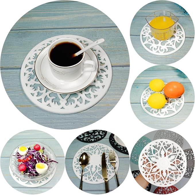 Silicone Trivets Mats for Hot Dishes, Countertop, Hot Pots and Pans, Heat Resistant Modern Silicone Hot Pads for Kitchen Table, White Trivet Mats Round, Multi-Use Intricately Mat